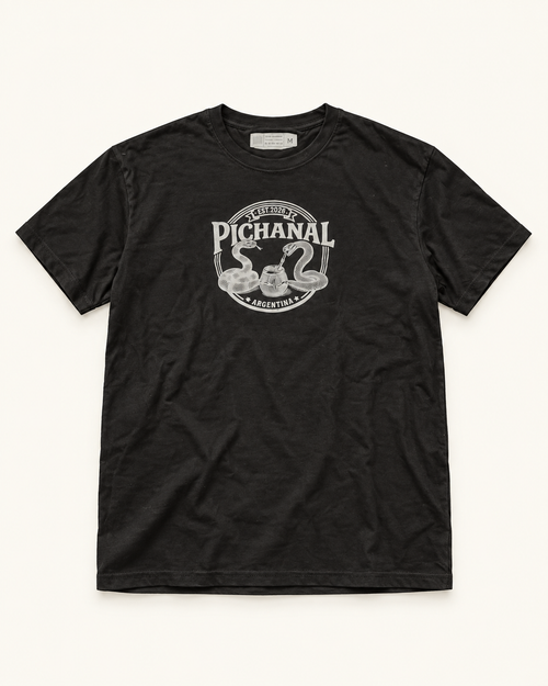 Remera Pichanal negra de frente, estampa de víboras y mate