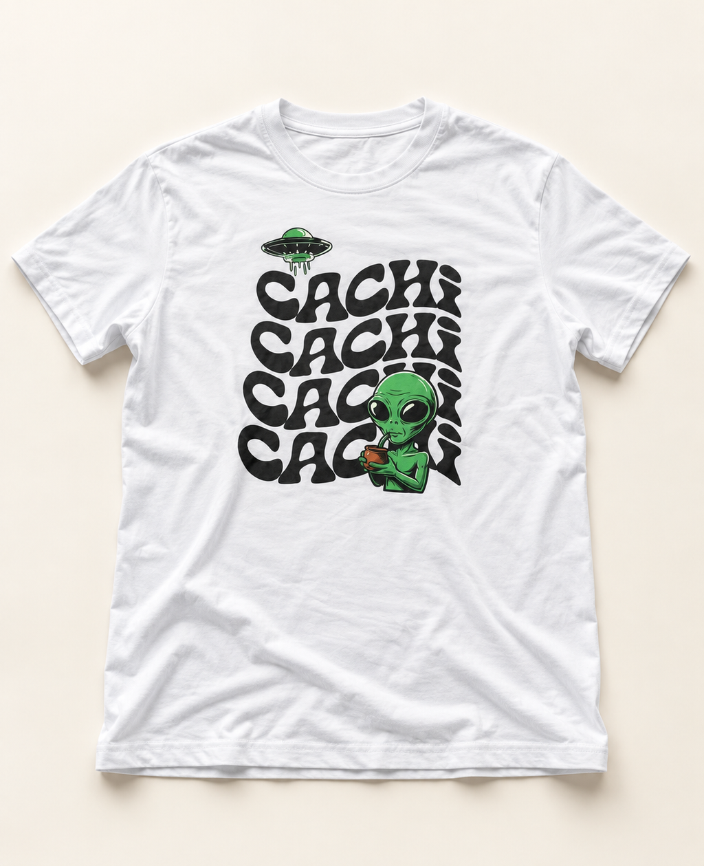 Remera Cachi blanca de frente, estampa del visitante con mate